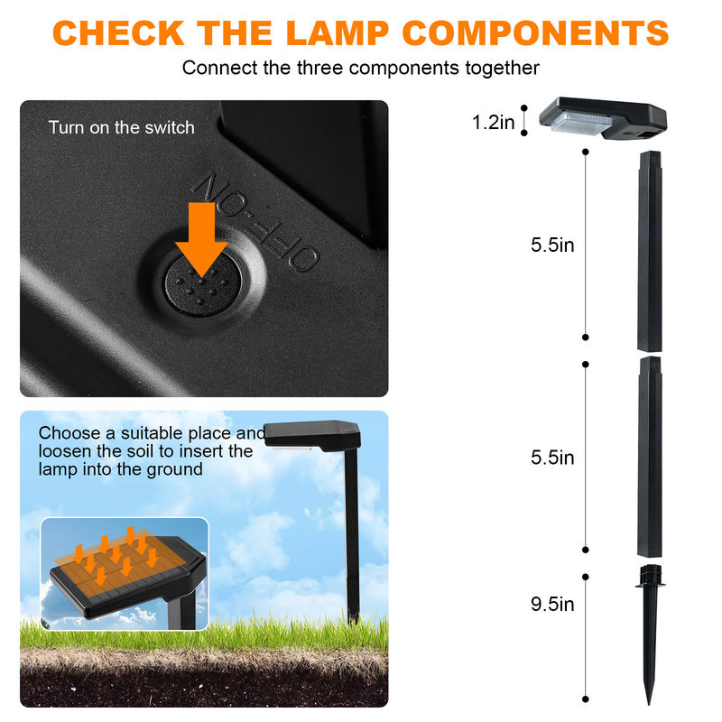 15 ชั่วโมงแสงอาทิตย์ LED ไฟสเต็ก IP65 กันน้ํา สําหรับ -20-70 เซลเซียส สิ่งแวดล้อม อัตโนมัติเปิด / ปิด